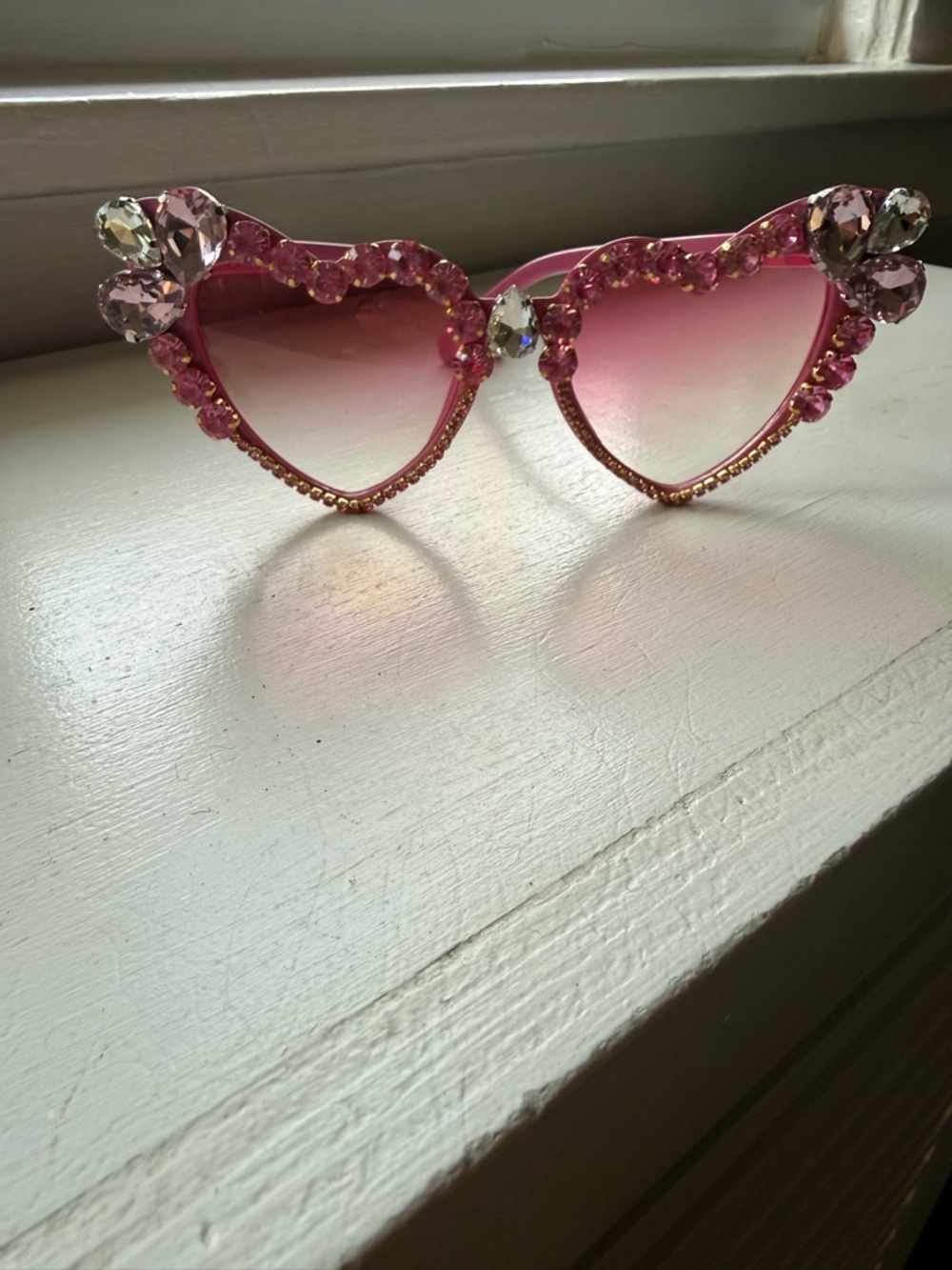 Pink Heart Crystal Embellished Sunglasses - Women Accessories